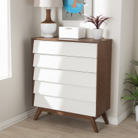 Baxton Studio Hildon 5DW-Walnut/White-Chest Hildon Mid-Century Modern White and Walnut Wood 5-Drawer Storage Chest